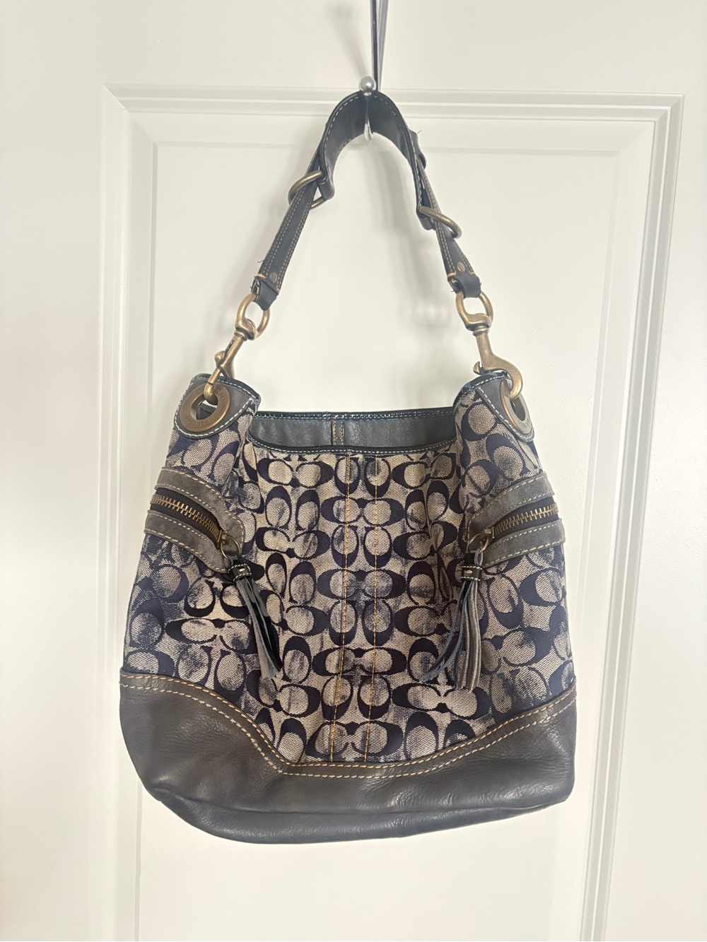 Coach Navy and Khaki Signature Canvas Shoulder Bag
